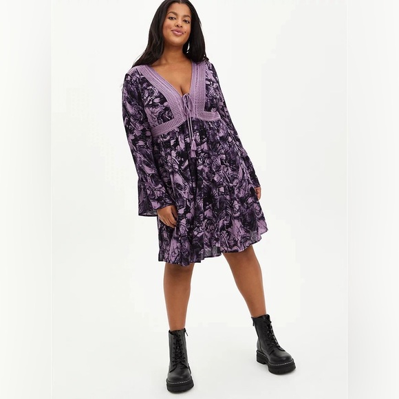 Torrid Lace-Up Long Sleeve Boho Skater Dress Gauze Marble Print Purple Size 5X - Picture 1 of 16